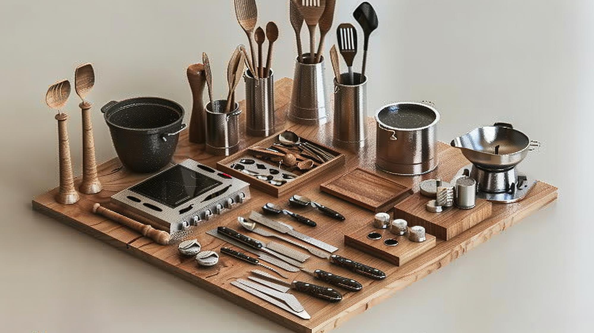 Set da cucina professionale, utensili ordinati